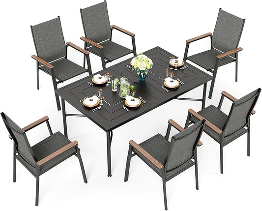 Sophia & William Outdoor Dining Set 7 Pieces, 6 x Aluminum Patio Dining Chairs and Large 64" Metal Dining Table, Space-Saving and Lightweight for Patio Lawn Garden (Grey)