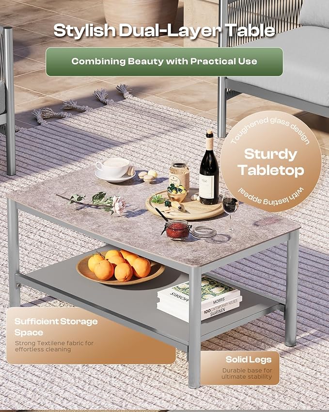 Aluminum Outdoor Patio Furniture Set, HDPE Rope 4 Piece Modern Sectional Conversation Sets with Dual-Layer Coffee Table, All Weather Patio Couch Set with Thick Cushions, Silver Frame, Silver