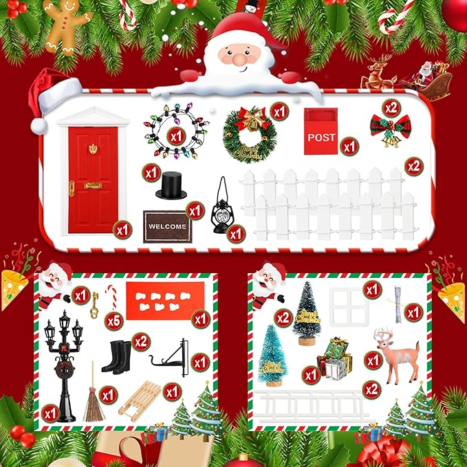 Shappy 39 Pcs Christmas Fairy Door Kit Wooden Elf Fairy Doors Decorations with Accessories Mini Door Tiny Miniature for Christmas Tale DIY Craft Garden Home Party Decoration(Red)