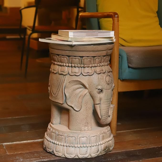 ZOEJADE Maharajah Elephant Lotus Statue Resin Stool Majestic Pedestal Sculpture Antique Buddha Collectibles Outdoor Garden Table Stand Holder for Home Courtyard Lawn Patio Decor Indoor Good Luck