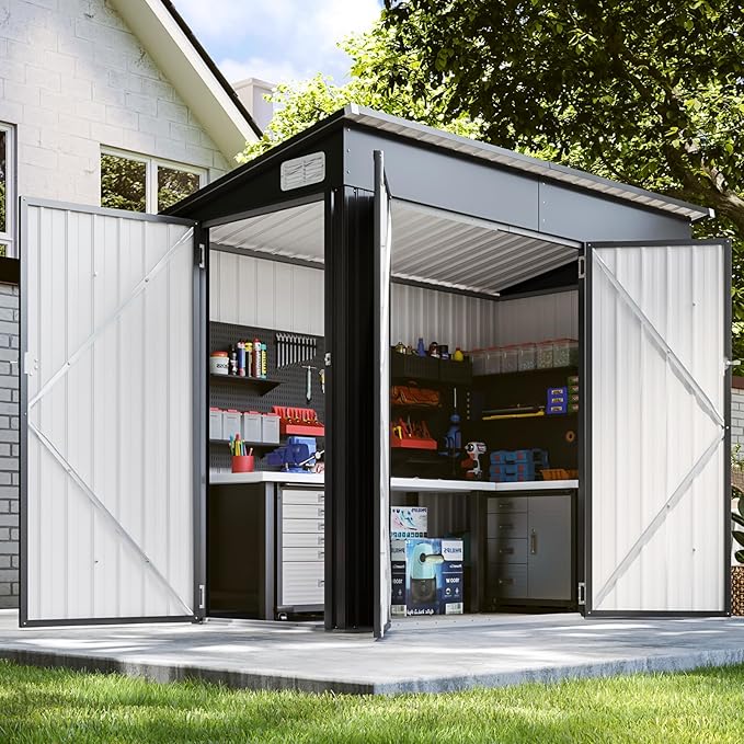 8'x4' Shed Galvanized Steel Storage Sheds with Triple Doors Utility Sheds for Vertical Storage, Dual Lock Lean to Shed with Sloped Roof for Mower, Bike, Garden Tools (Black)