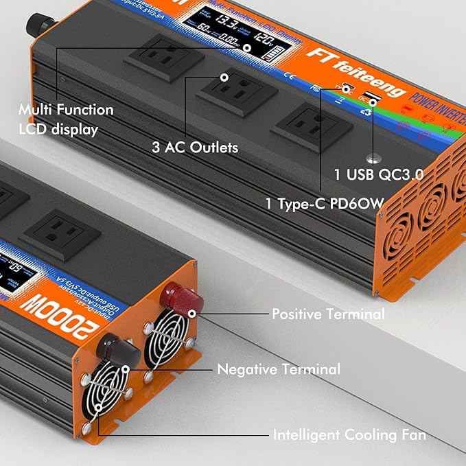 2000 Watt Inverter, Inverter 12v to 110v, LCD Display, 3 Ac Outlets, USB-C & Qc3.0 Ports, Dual Smart Fans, Remote. Power Inverters for Vehicles for Camping, Emergencies, Trucks, Rv, Off-Grid Solar