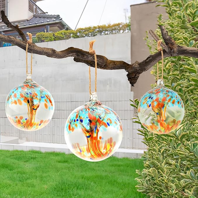 Hand Blown Glass Ball, 4" Gazing Glass Christmas Ornaments, Hanging Tree of Life Witch Balls for Home Outdoor Window Patio Garden Décor（Blue）