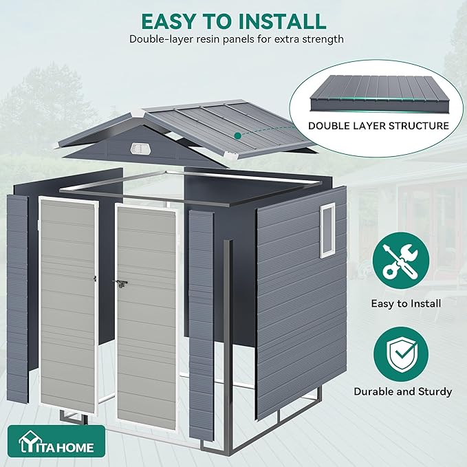 YITAHOME 6x6FT Outdoor Storage Shed w/o Floor, All-Weather Plastic Shed with Lockable Doors, Window & Vents, Plastic Tool Shed for Backyard, Patio, Poolside, Lawn, Gray