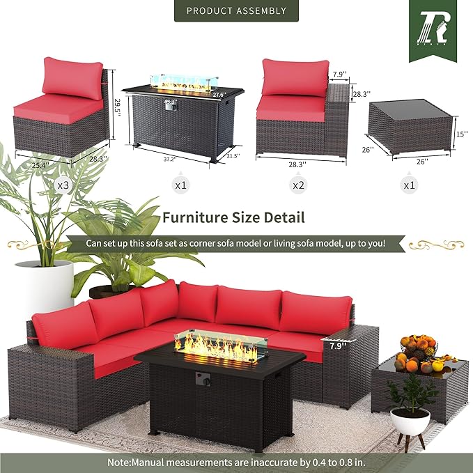 Outdoor Patio Furniture Set with Propane Fire Pit Table, 7 Pieces Outdoor Furniture Patio Sectional Sofa Conversation Sets w/ETL Approved 43" Gas Outdoor Fire Table & Coffee Table RED.
