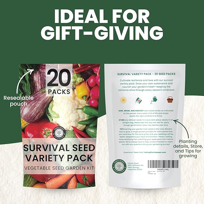 20 Vegetable Seed Packets | Survival Variety Pack | 2025 Season | Individually Packed Vegetables, Herbs and Fruits | Emergency Seed Vault for Doomsday Prepping | by Family Sown