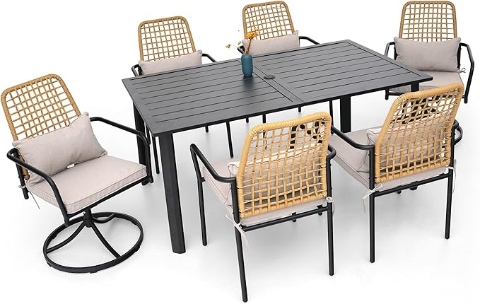 7-Piece Outdoor Dining Set, 4 Wicker Stackable Rattan Chairs ＆2 Wicker Swivel Rattan Chairs with 63'' Rectangular Patio Dining Table All Weather Frame Furniture Set
