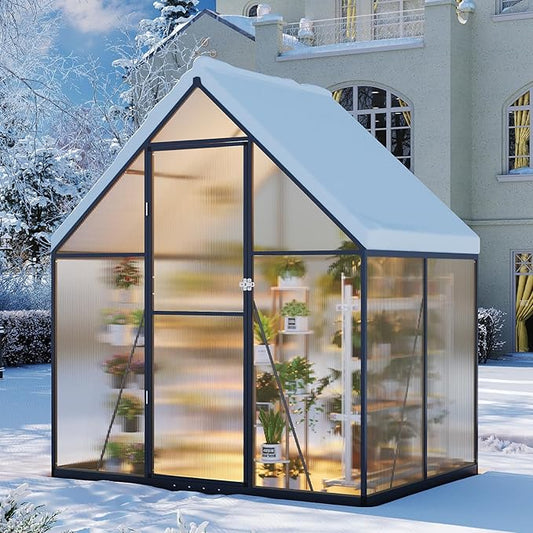 Aoxun 4x6 FT Outdoor Greenhouse, Polycarbonate Greenhouse with Aluminum Frame, Walk-in Green House with Roof Vent, Ground Nails, Lockable Door for Garden Backyard, Patio, Lawn,Quick-Installation