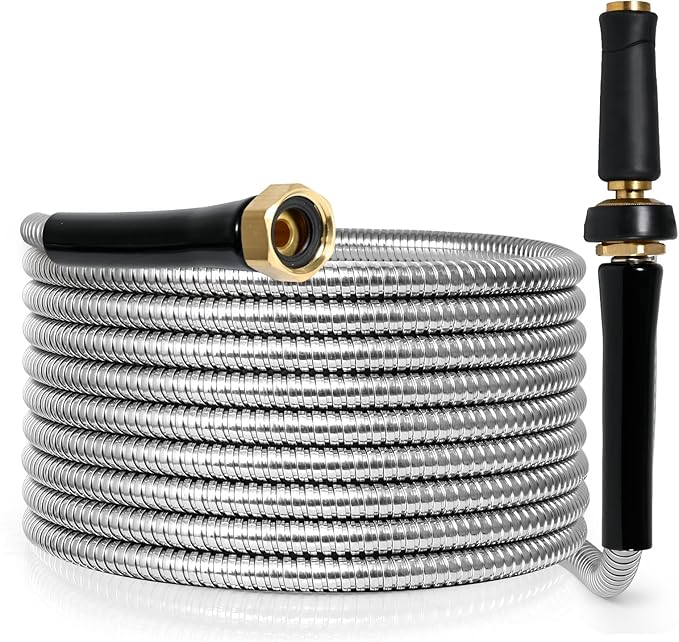 TOOLCY 25 FT Metal Water Hose Stainless Steel Garden Hose with Brass Nozzle - Heavy Duty, No Kink, All Weather, Super Flexible Garden Hoses for Outdoor, Lawn