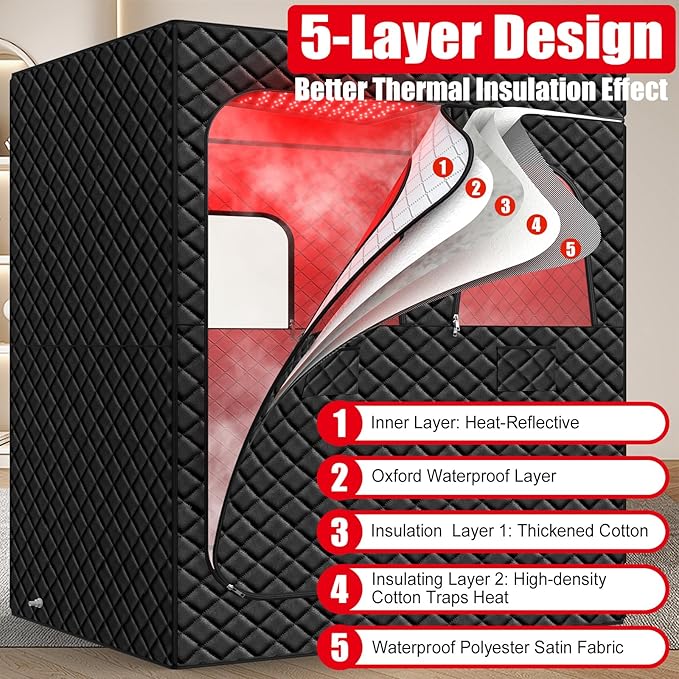 2 Person Infrared Sauna Box for Home, Portable Steam Sauna with 660nm Red Light Therapy Lamp, 5-Layer Waterproof, 2 Steamers, 2 Folding Chair