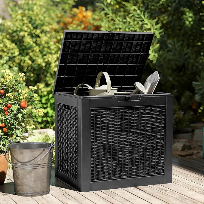 DUMOS 31 Gallon Deck Box, Lockable Outside Storage Box for Outdoor Use, Outside Waterproof Resin Package Delivery Box for Backyard Patio Garden