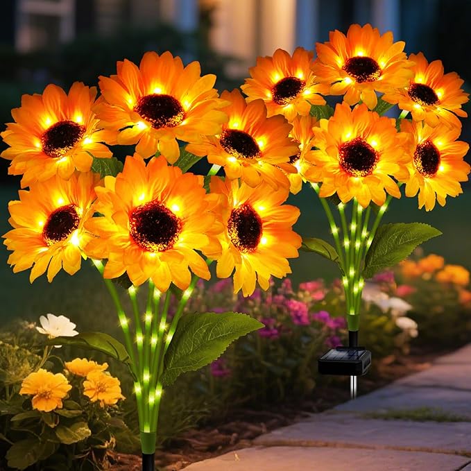 Solar Garden Lights Outdoor, 2 Pack Sunflower Lights with 12 Sunflower, Waterproof 60 Led Garden Fall Decor, Gifts for Mom Grandma, Decorative Solar Flowers for Pathway Patio Yard Flowerbed Decoration