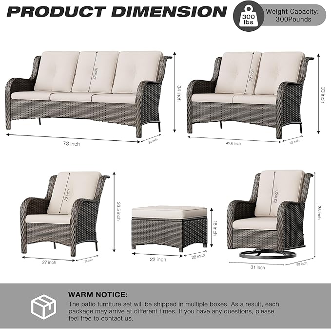 Joyside Wicker Patio Furniture Set 6 Piece Set with 1 Three-Seat Sofa, 2 Swivel Rocker Chairs, 2 Ottomans and 1 Side Table, Outdoor Furniture Patio Conversation Sets(Mixed Grey/Beige)