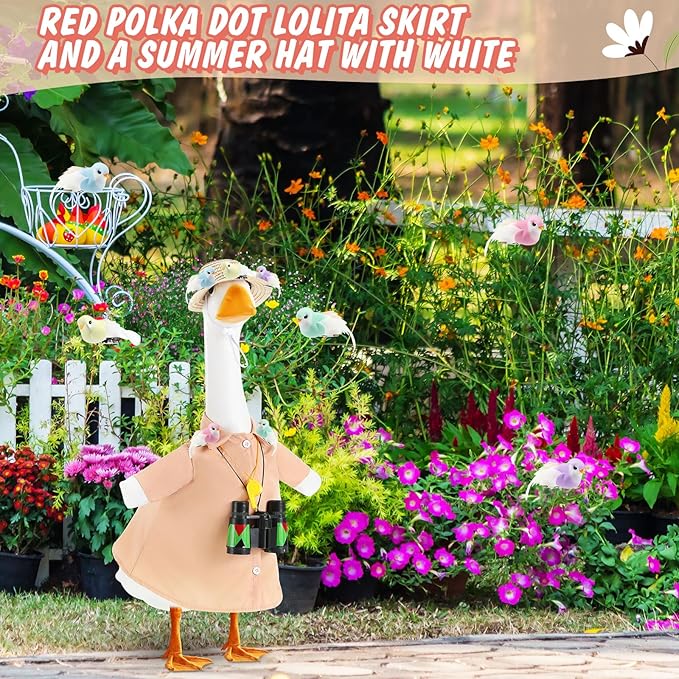 9 Pcs Bird Watcher Goose Outfits Hiking Costume Clothing T-shirt Straw Hat Binoculars Birds Whistle for 23'' Cement Porch Goose Summer Outdoor Garden Yard Lawn Patio Statue Art
