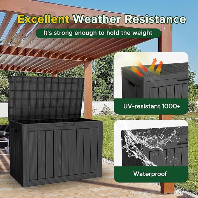 45GAL Black Outdoor Storage Deck Box with Secure Lock Hole - Weatherproof, SGS Certified UV Resistance, Suitable for Pool Toys and Patio Decor Storage, Features Sturdy Side Handles for Easy Transport