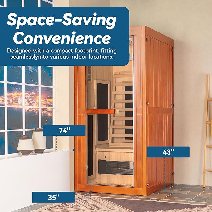 Woodbridge Infrared Home Sauna Room 1 Person Hemlock Wooden Indoor Sauna with 7 Carbon Heaters, Red Light Therapy, Bluetooth Speaker, Intelligent Control Panel, Tempered Glass & Top Vent