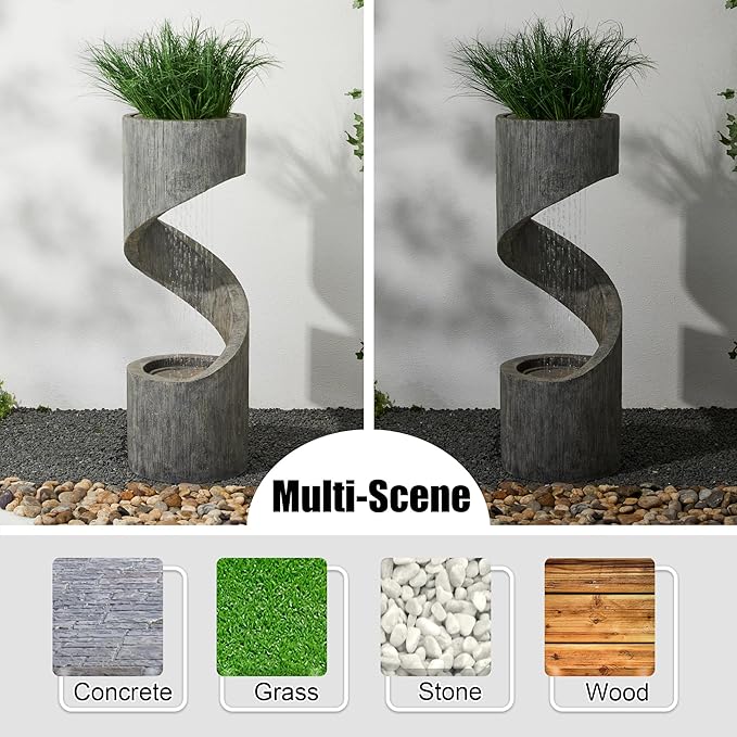 Glitzhome Tiered Outdoor Water Fountain with LED Light, Modern Spiral Outdoor Fountain with Stone Planter, Freestanding Curved Waterfall Fountains for Garden Patio Deck Porch, 40”H