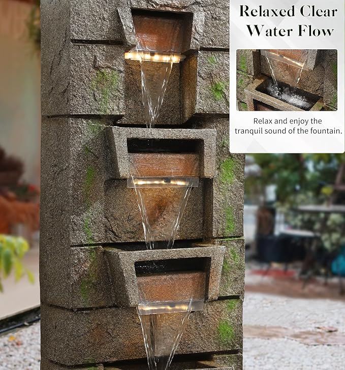 41.1" Outdoor Water Fountains Modern Fountain with LED Lights with Water Pump 4 Tier Floor Standing Outdoor Waterfall Fountain for Garden, Yard, Home Decor, Patio, Yellow