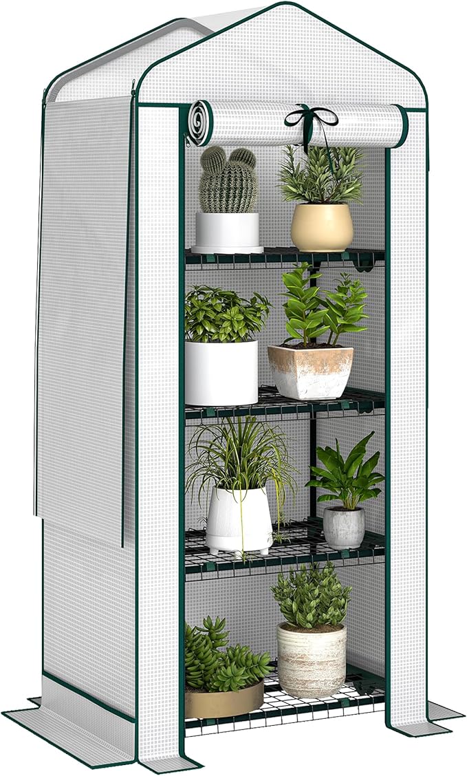 Outsunny 4 Tier Mini Greenhouse with Screen Roof, 27.6" x 19.7" x 62.2", Portable Small Greenhouse with High Strength PE Cover, Roll-Up Zipper Door for Garden Yard Backyard, White