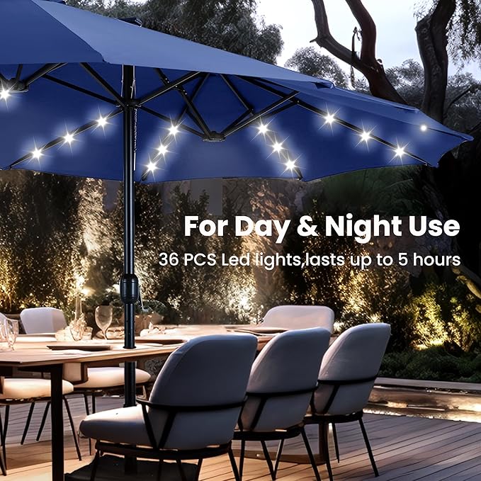 PHI VILLA 15ft Large Patio Umbrella with Solar Lights, Double-Sided Outdoor Market Rectangle Umbrellas with 36 LED Lights, Umbrella Base (Stand) Included, Haze Blue