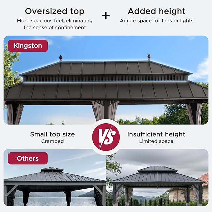 SUNJOY Kingston 20' x 12' Hardtop Gazebo with Galvanized Steel Double Roof, Curtain and Netting, Brown Aluminum Posts Permanent Pavilion Gazebo for Garden, Patio, Deck, Lawn