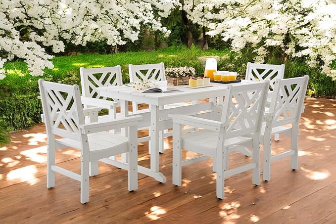 7 Piece HDPE Outdoor Dining Set for 6, Patio Dining Furniture Set with Umberlla Hole, Weather Resistent Outdoor Table and Chairs for Garden, Poolside, Backyard, Deck,White