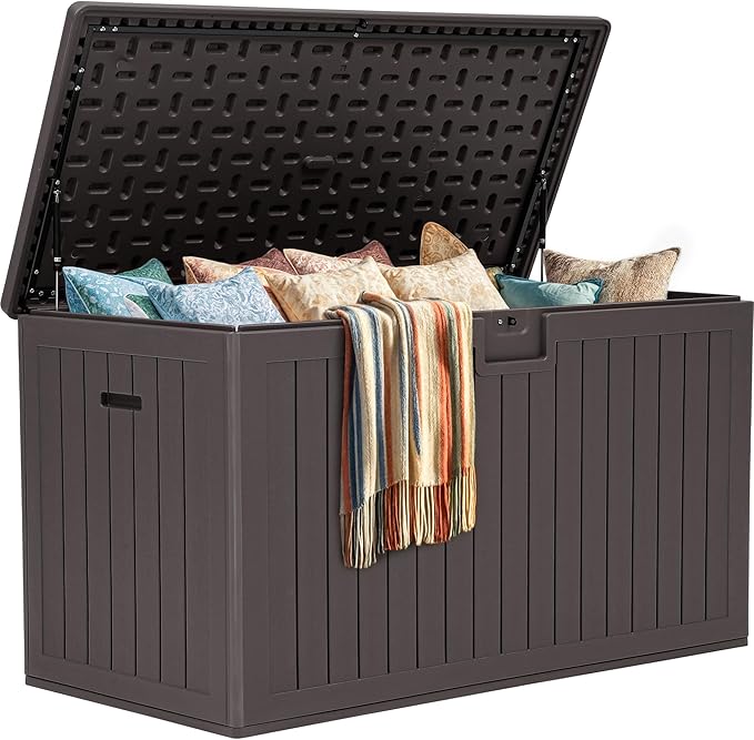 YITAHOME 200 Gallon Extra Large Deck Box, Double-Wall Resin Outdoor Storage Box with Flexible Divider for Patio Cushions Pool Supplies Garden Tools, 990 lbs Load Capacity, Lockable (Brown)
