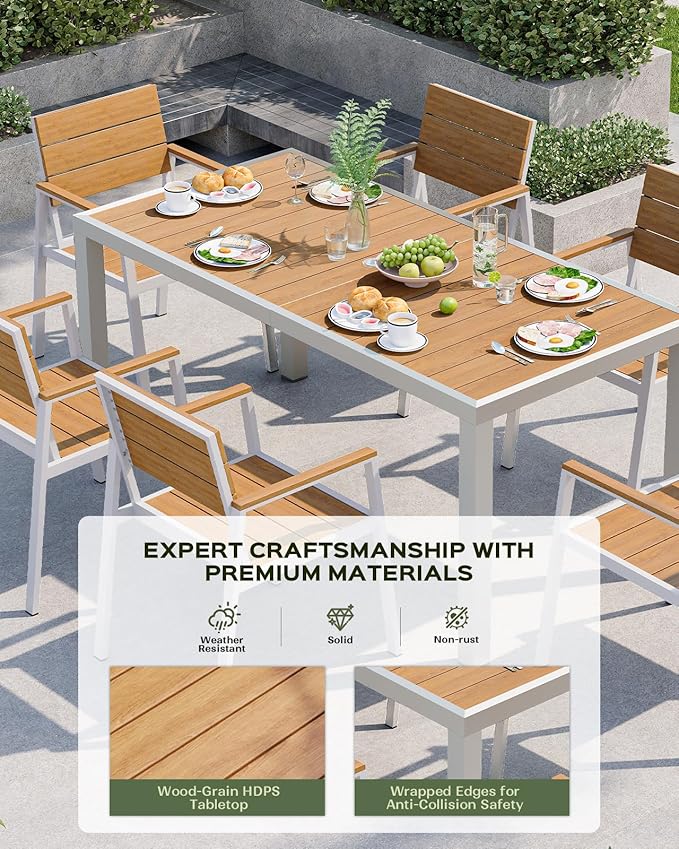 Outdoor Dining Set, Patio Table and Chairs of 4, Aluminum Outdoor Furniture Set with Umbrella Hole, HDPS Patio Dining Table Set for 4 (White-Teak)