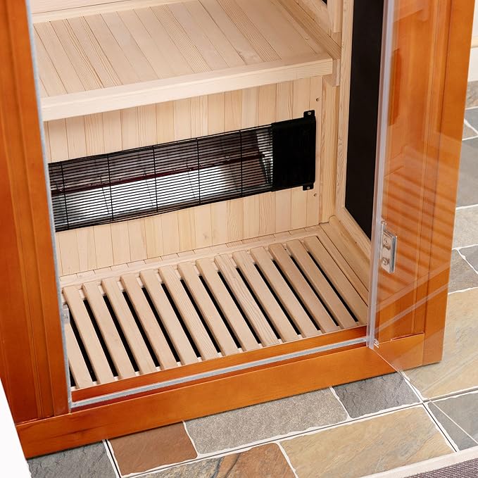 Woodbridge Infrared Home Sauna Room 1 Person Hemlock Wooden Indoor Sauna with 7 Carbon Heaters, Red Light Therapy, Bluetooth Speaker, Intelligent Control Panel, Tempered Glass & Top Vent