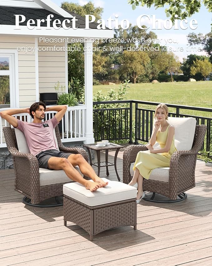 LayinSun 7 Piece Wicker Outdoor Furniture Set with 6-inch Comfy Cushions, High Back Patio Furniture Set with Swivel Rocking Chairs and Fire Pit Table