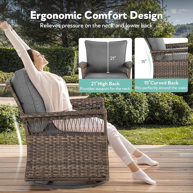 Outdoor Swivel Glider Chairs - 4 Pieces Hollow Widen Armrests Wicker Patio Furniture Set with Ottomans, High Back Outside Swivel Rocker for Balcony Porch Deck and Yard - Brown/Gray