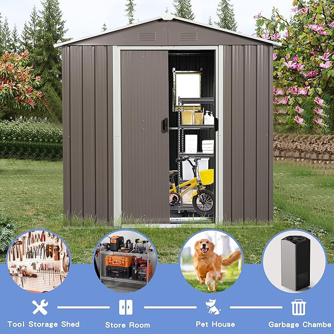 8x4 ft Outdoor Metal Storage Shed with Floor Foundation and Window, Lockable Galvanized Steel Tool Shed with Sliding Door and Air Vent, Waterproof Garden Storage House for Backyard, Patio