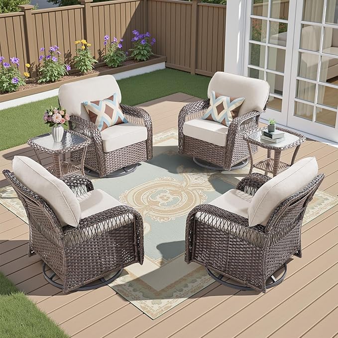 Patio Furniture Sets, 4 Pieces Wicker Outdoor Furniture with Patio Sidetables - 360 Degree Swivel Rocking Chairs and Rattan Side Table for Garden, Porch, Backyard, Beige/Brown Wicker