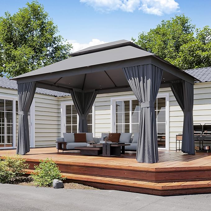 Outdoor Gazebo Metal Frame Patio Pergola Double Roofs Patio Canopy with Double-Layer Door and Mosquito Netting for Deck, Backyard, Lawn (Grey, 10x13FT)