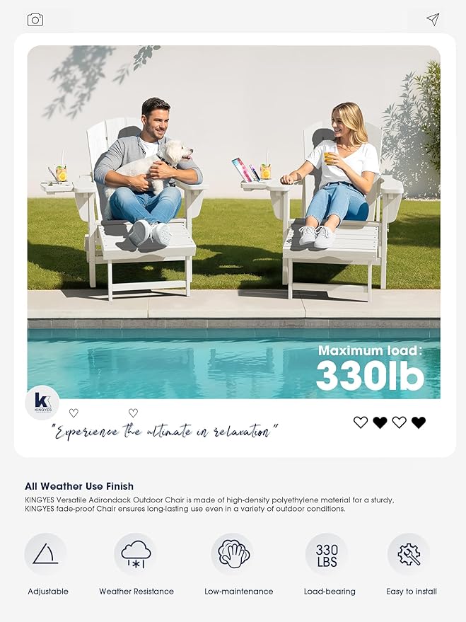 KINGYES Adjustable Folding Adirondack Chair with Footrest & 4-in-1 Multi-Functional Armrest Organizer Set of 2, HDPE Foldable Reclining Adirondack Chair with Pull-Out Ottoman, White