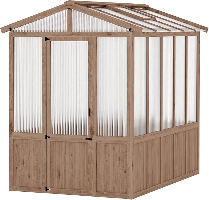 6x8FT Wooden Greenhouse with Cedar Frame, Outdoor Wood Greenhouses with Roof Vent, Wood and Polycarbonate Walk-in Greenhouse