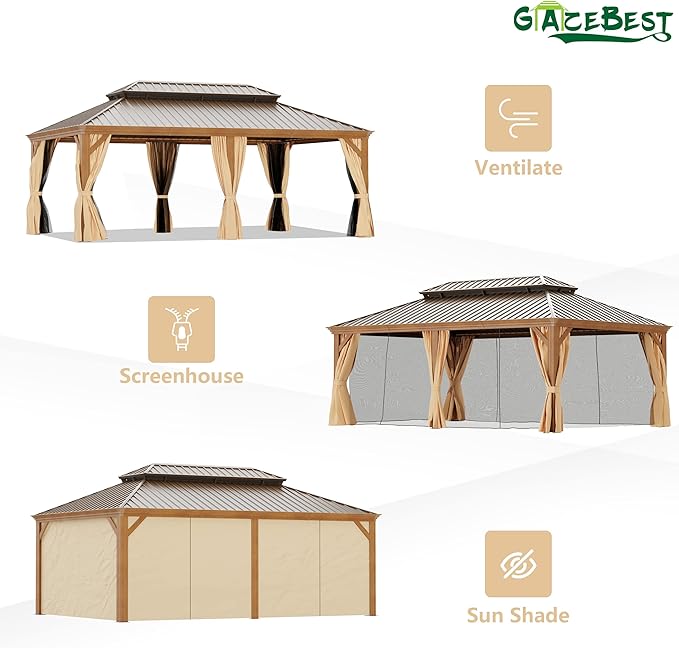 14' X 20' Hardtop Gazebo, Aluminum Wood-Looking Frame Outdoor Permanent Galvanized Steel Double Roof Pavilion Pergola Canopy with Privacy Curtains for Garden, Patio, Backyard, Deck and Lawns.