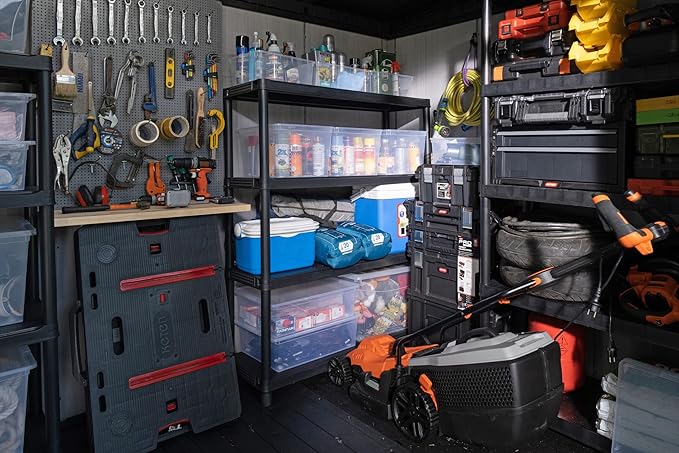 9x7 Ft All-Weather Storage Shed with Skylight,Window,Built-in Ventilation,Walls, & Lockable Double Doors for Patio Furniture Lawn Mower Tools and Bike Storage Lockable Black and Gray