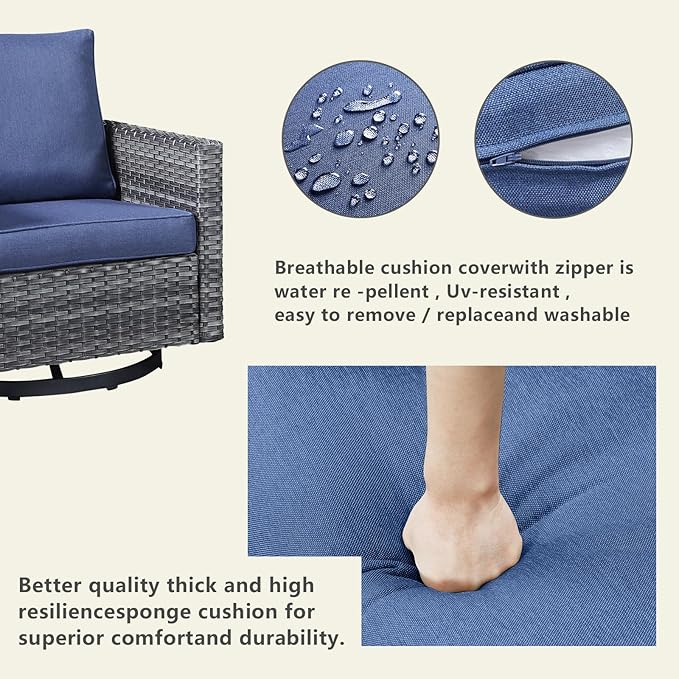 Outdoor Patio Swivel Rocker Chairs - Single Wicker Patio Swivel Rocking Chair with Waterproof Wicker,Comfortable Cushions and Sturdy Metal Frame for Outside Porch Deck Backyard(Mixed Grey/Blue/1PC)