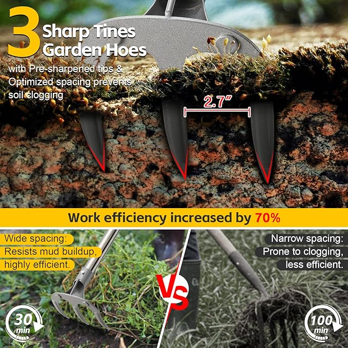 Potato Hand Rake Garden Tool - 47" Long Handle Cultivator Weeding Rakes, 3-Tine Heavy Duty Carbon Steel with D Grip for Grass Root Digging,Soil Loosening,Dirt Turning