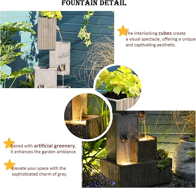 Outdoor Water Fountain Garden Waterfall - Large 4-Tier Modern Patio Fountains Feature with LED Lights for Backyard Deck Porch Pool Outside (Gray, 3.5 ft Tall)