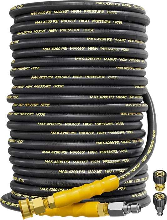 4200PSI Pressure Washer Hose 125FT with 3/8" Swivel Quick Connect for Cold/Hot Water, Kink Resistant Steel Wire Braided, Wear Resistant Power Washer Hose with 2 M22 14mm Adapter Set
