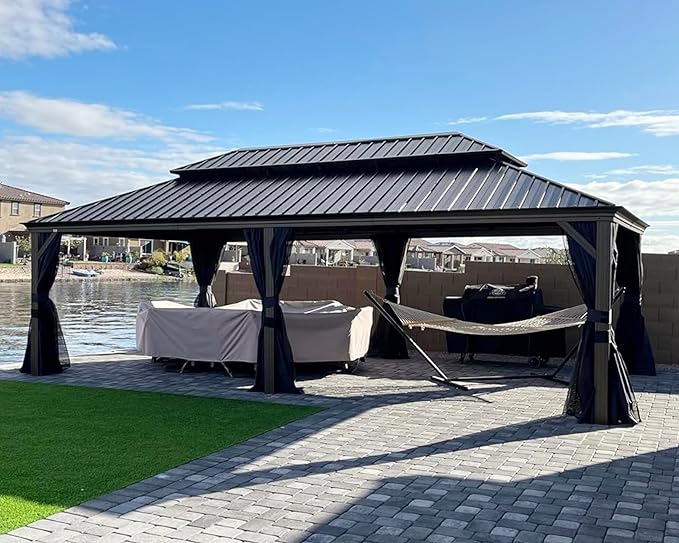 PURPLE LEAF 14' X 24' Outdoor Hardtop Gazebo Patio Wide Aluminum Frame Metal Double Roof with Heavy Duty Netting and Curtains for Permanent Hard Top Pavilion Screen, Navy Blue