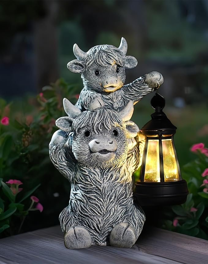 Solar Highland Cow Garden Decor - Resin Cow Statue with Solar Lantern Outdoor Yard Patio Decor - Ideal Gifts for Women,Mom Men (Grey)