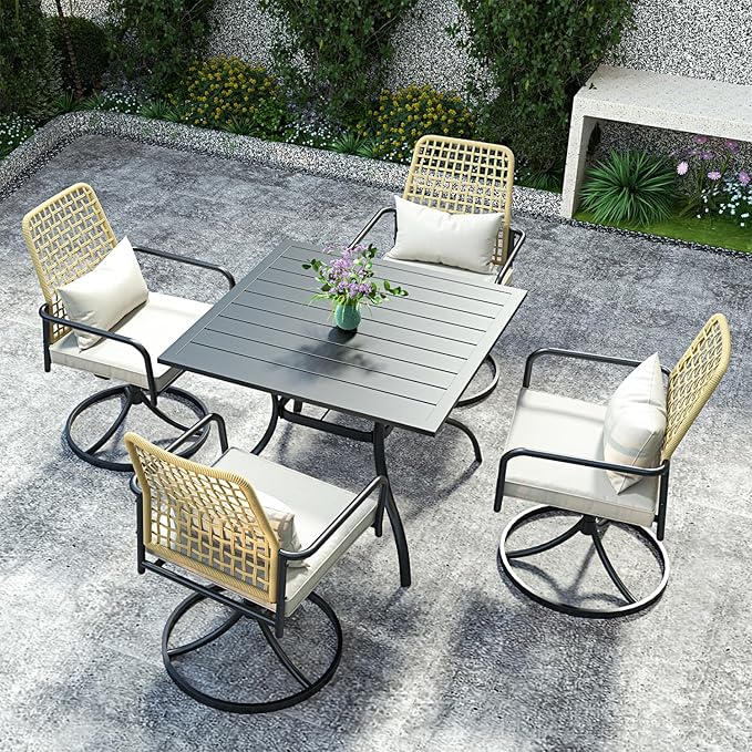 Outdoor Rattan Patio Chairs and Table Set for 4 with All-Weather 35 inch Square Table,Swivel Dining Chairs