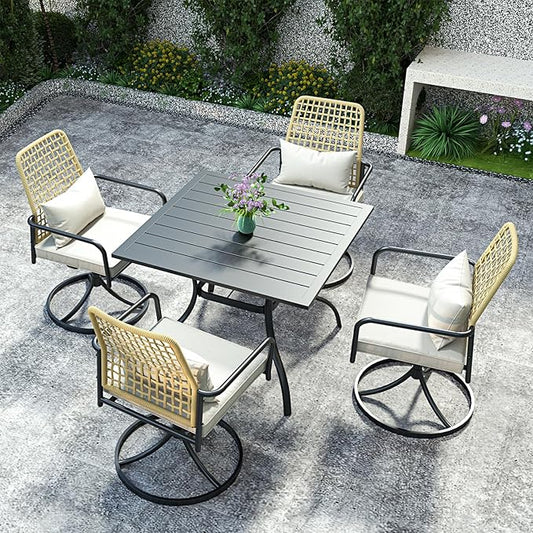 Outdoor Rattan Patio Chairs and Table Set for 4 with All-Weather 35 inch Square Table,Swivel Dining Chairs