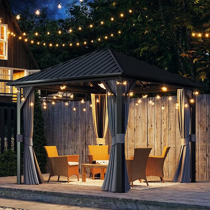 Aoxun 10'x10' Hardtop Gazebo, Galvanized Steel Outdoor Canopy Aluminum Single Top, Permanent Metal Pavilion with Netting and Privacy Curtains for Backyard, Patio and Deck