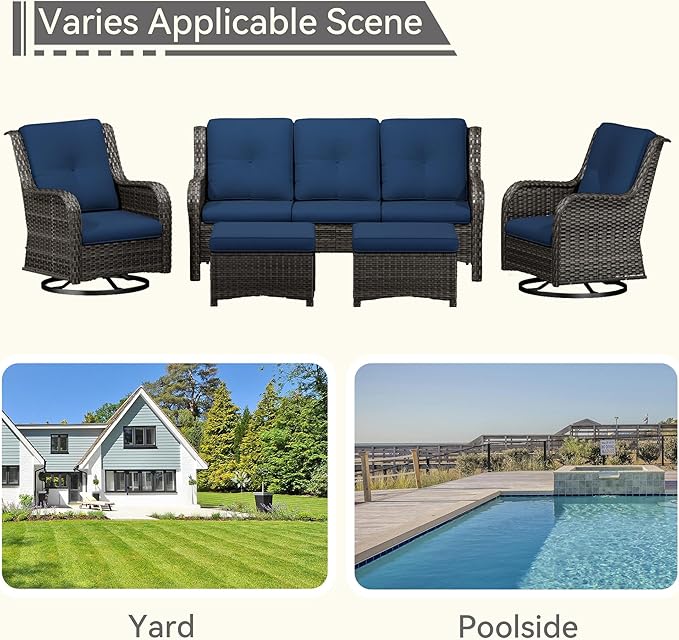 5 Pieces Outdoor Patio Furniture Set - Conversation Set Includes Wicker Swivel Rocker Chairs Set of 2, 2 Ottoman, 3 Seat Sofa, Suitable for Porch, Yard, Mixed Brown Rattan, Blue