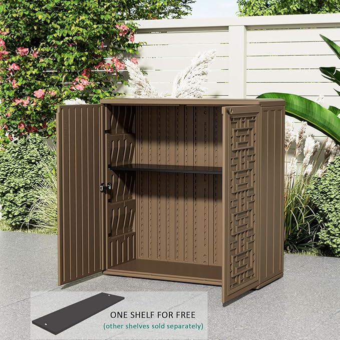 KINYING Outdoor Storage Cabinet Waterproof, Resin 60 Gallon Storage Box for Patio Furniture Cushions, Garden Tools, Pool Accessories (Dark Brown with 1 Shelving)