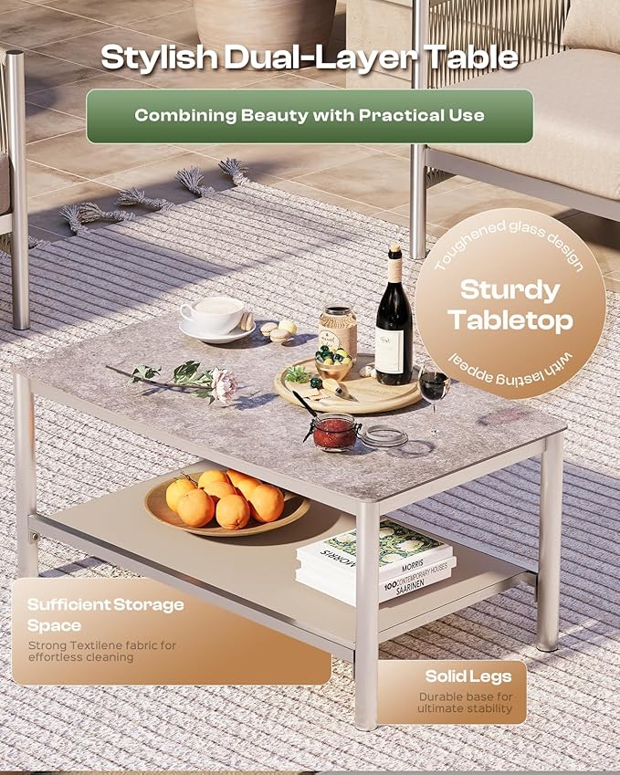 Aluminum Outdoor Patio Furniture Set, HDPE Rope 4 Piece Modern Sectional Conversation Sets with Dual-Layer Coffee Table, All Weather Patio Couch Sofa with Thick Cushions, Silver Frame, Beige